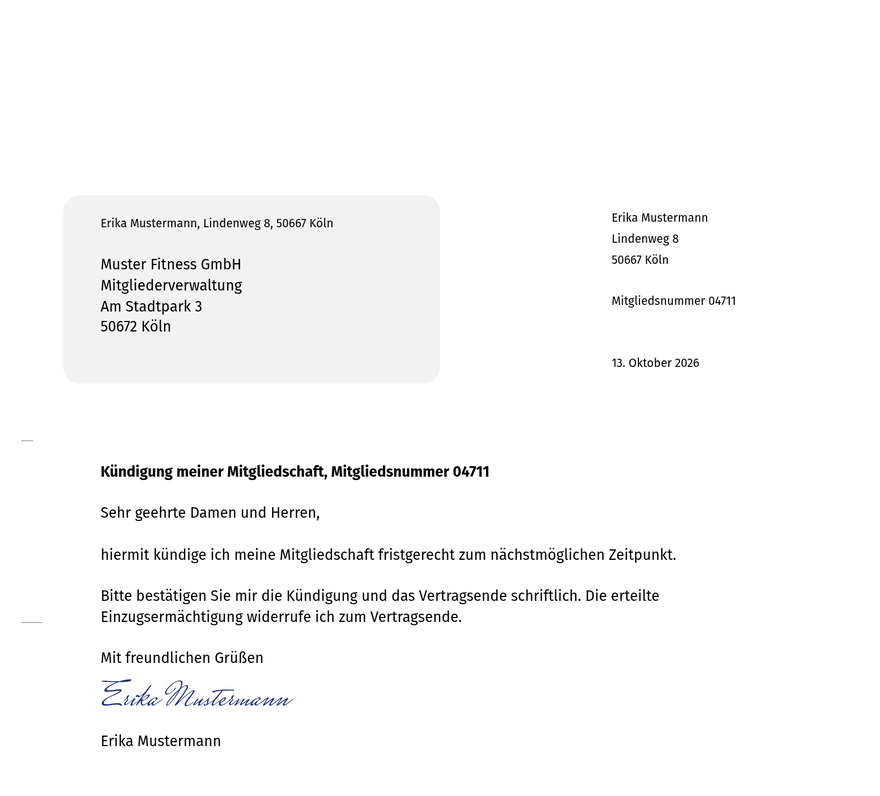 Erste Seite eines Briefs im Brief-Generator: Rücksendeangabe und Anschrift im Fensterbereich links, Absender und Datum rechts, darunter Betreff und Brieftext.